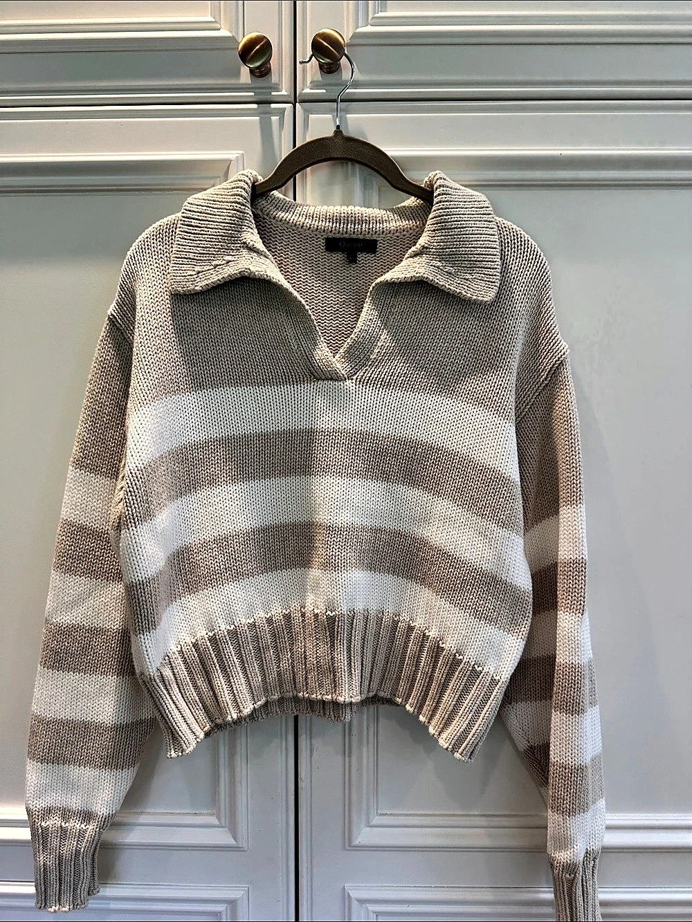Quince 100% Organic Cropped Cotton Polo Sweater Brown & White XS